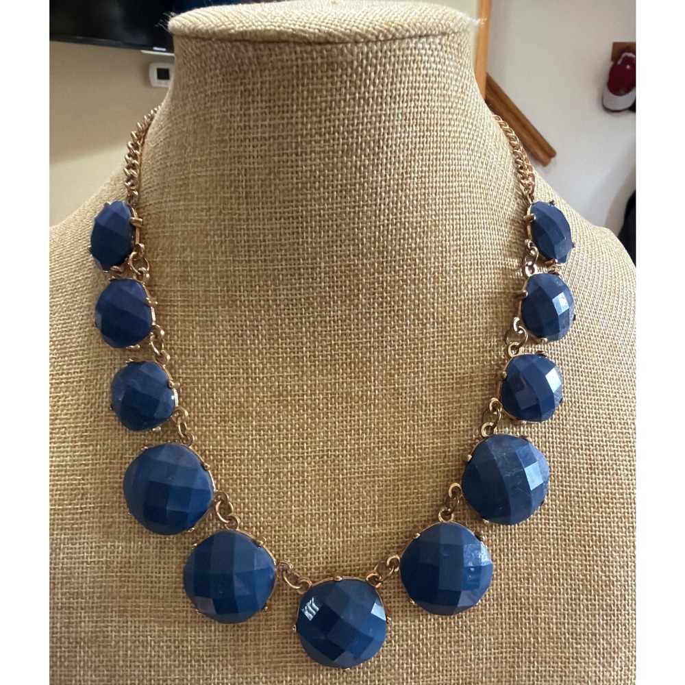 Navy Blue Faceted‎ Stone Statement Bib Necklace Gold Tone Gift Evening
